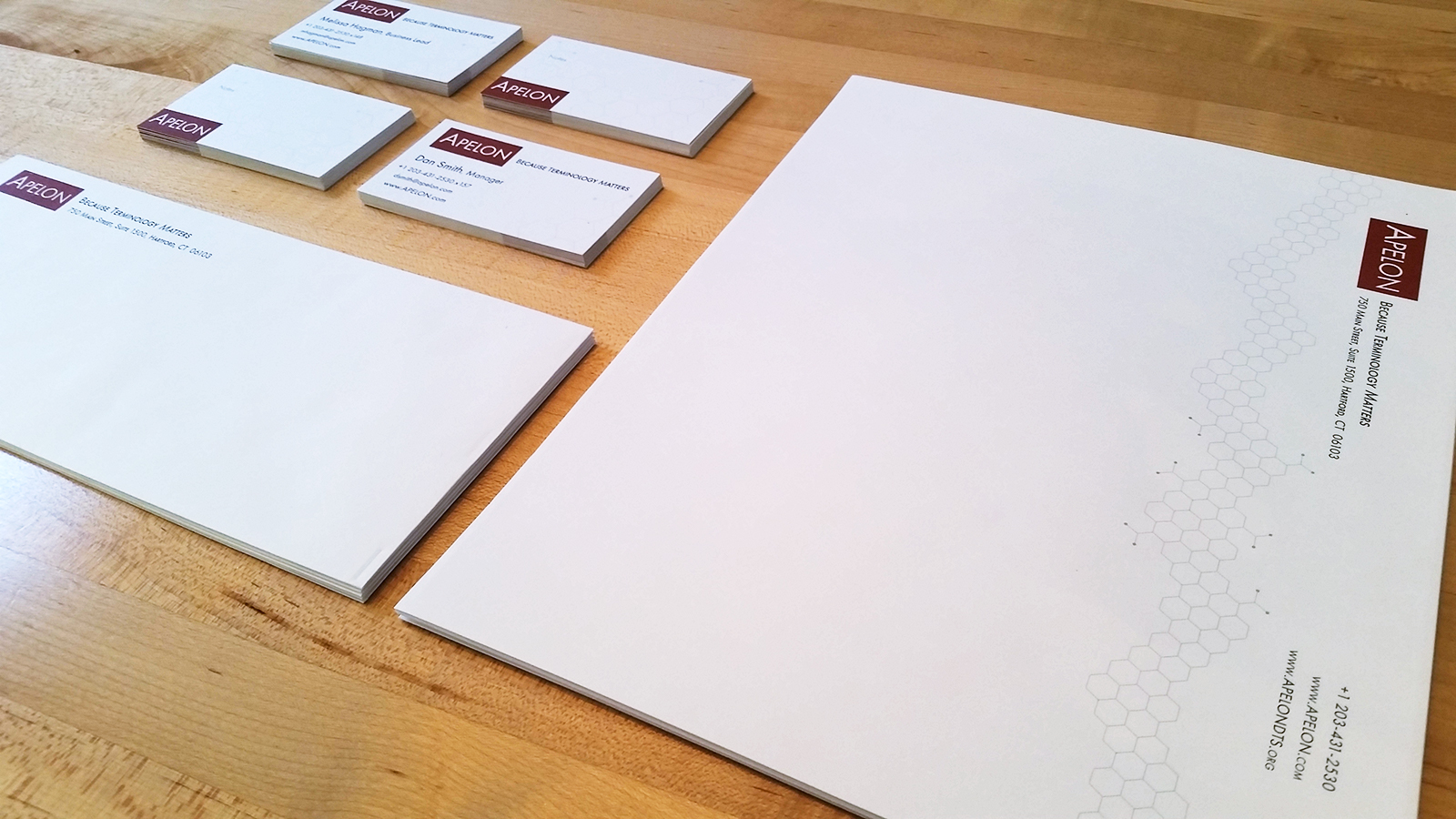 Apelon letterhead, envelopes and business cards